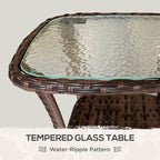 Outdoor Rattan Coffee Table with Storage Shelf, Wicker Side Table with Glass Top