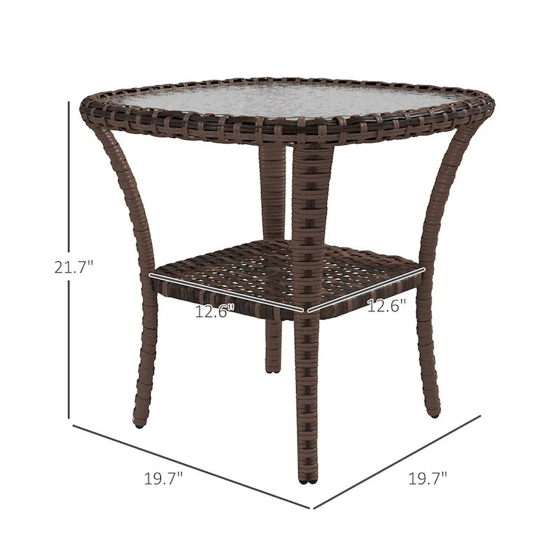 Outdoor Rattan Coffee Table with Storage Shelf, Wicker Side Table with Glass Top