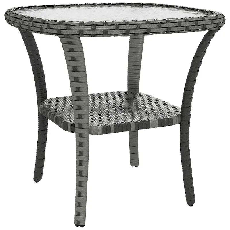 Outdoor Rattan Coffee Table with Storage Shelf, Wicker Side Table with Glass Top