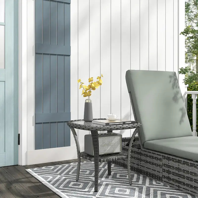 Outdoor Rattan Coffee Table with Storage Shelf, Wicker Side Table with Glass Top