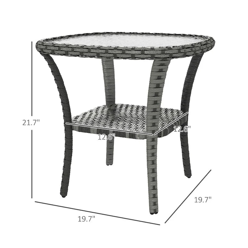 Outdoor Rattan Coffee Table with Storage Shelf, Wicker Side Table with Glass Top
