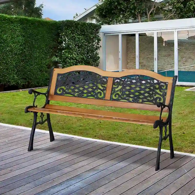 Outdoor Garden Bench with Antique-Like Flourishes, Patio Bench with Wood Slats Seat