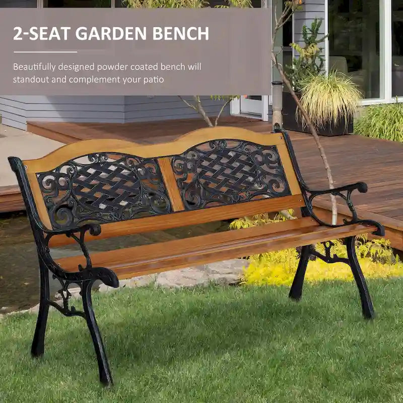 Outdoor Garden Bench with Antique-Like Flourishes, Patio Bench with Wood Slats Seat