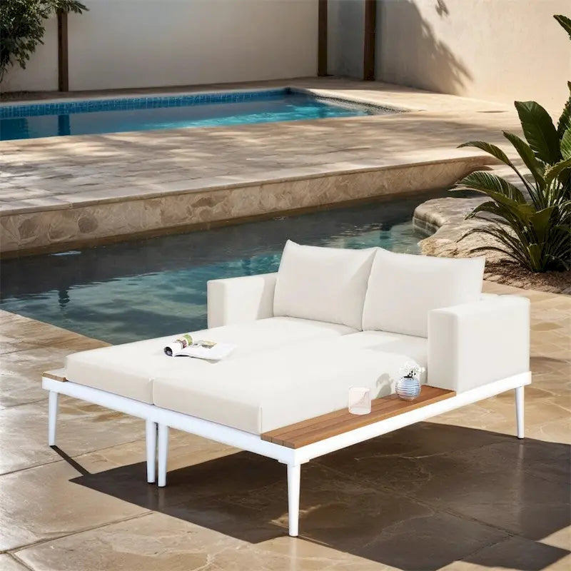 2 in 1 Modern Outdoor Metal Daybed with Wood Topped and Side Spaces