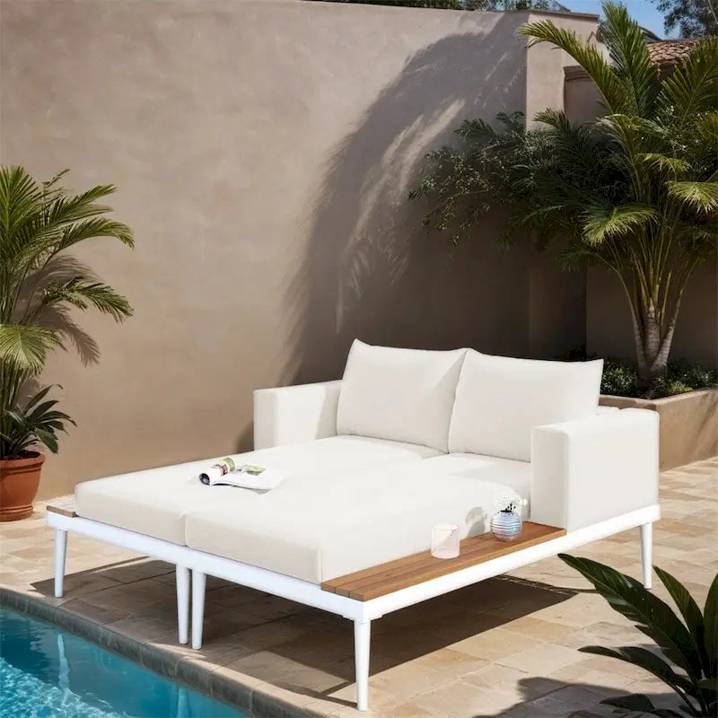 2 in 1 Modern Outdoor Metal Daybed with Wood Topped and Side Spaces