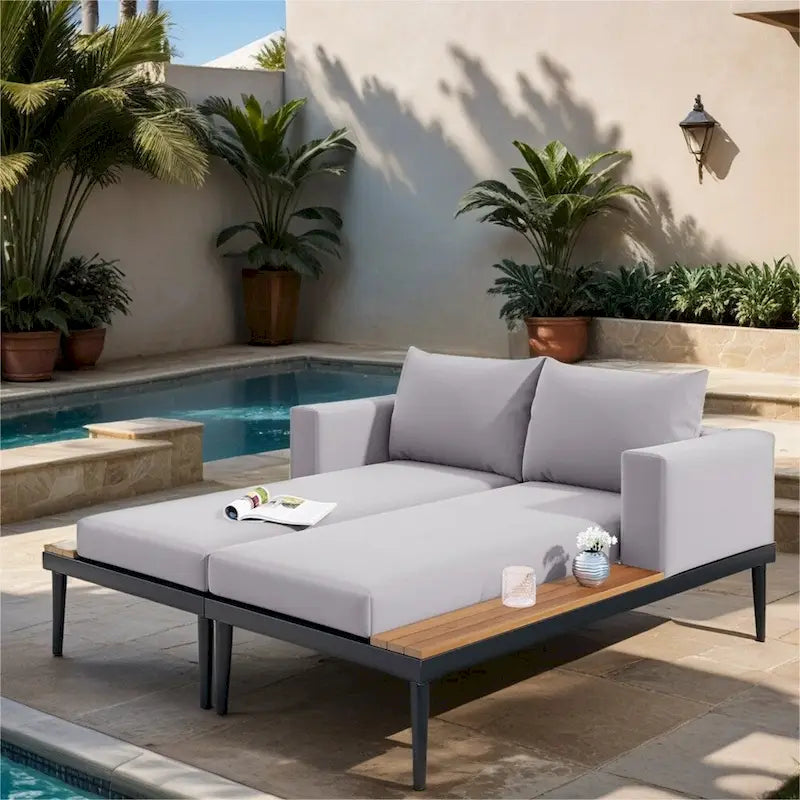 2 in 1 Modern Outdoor Metal Daybed with Wood Topped and Side Spaces