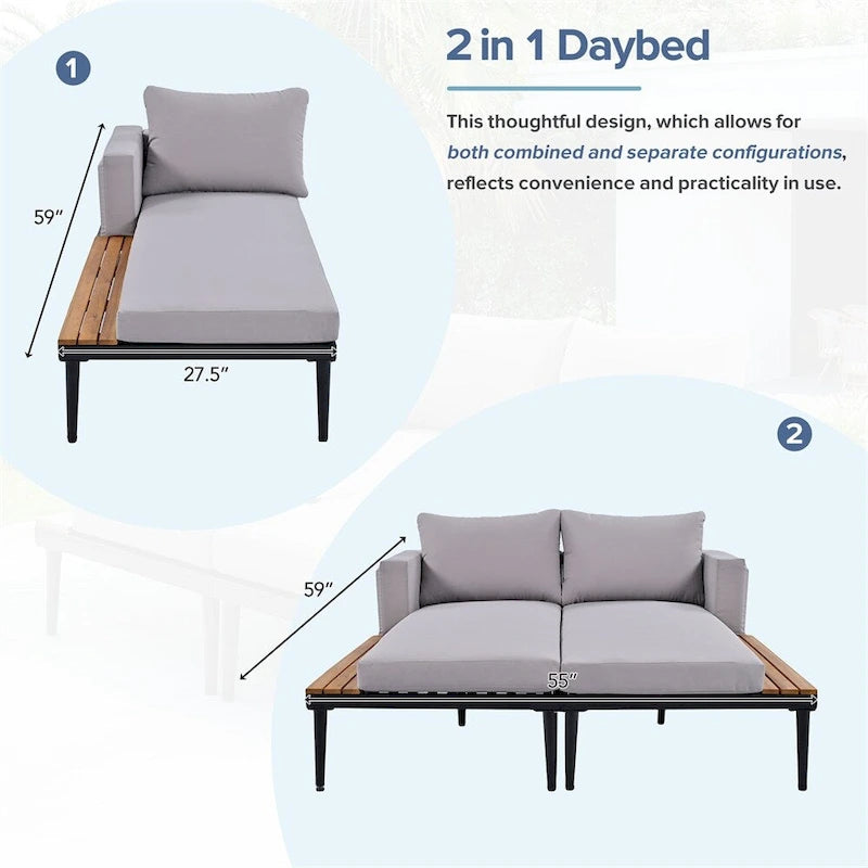 2 in 1 Modern Outdoor Metal Daybed with Wood Topped and Side Spaces