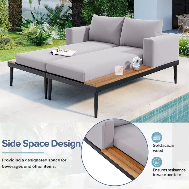 2 in 1 Modern Outdoor Metal Daybed with Wood Topped and Side Spaces