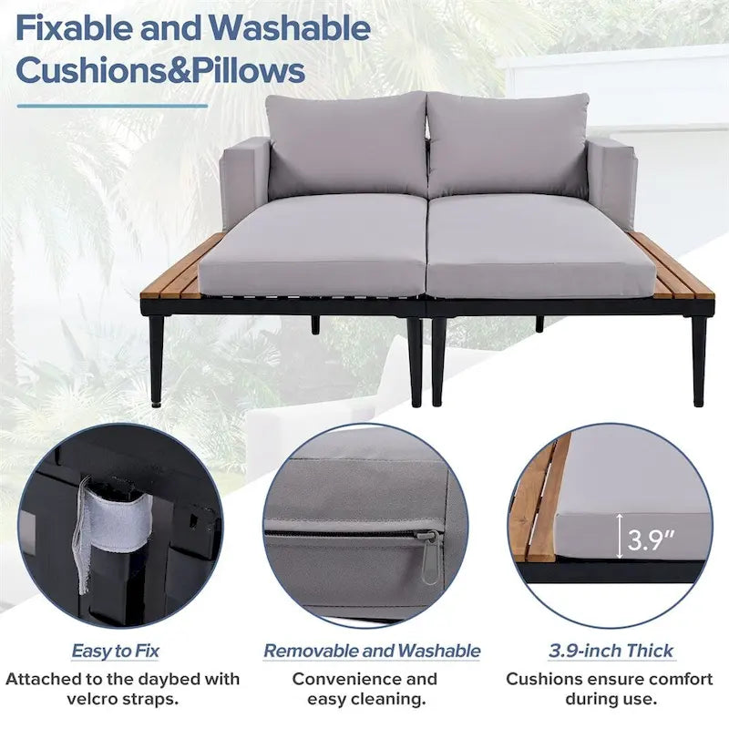 2 in 1 Modern Outdoor Metal Daybed with Wood Topped and Side Spaces