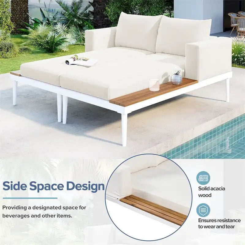 2 in 1 Modern Outdoor Metal Daybed with Wood Topped and Side Spaces