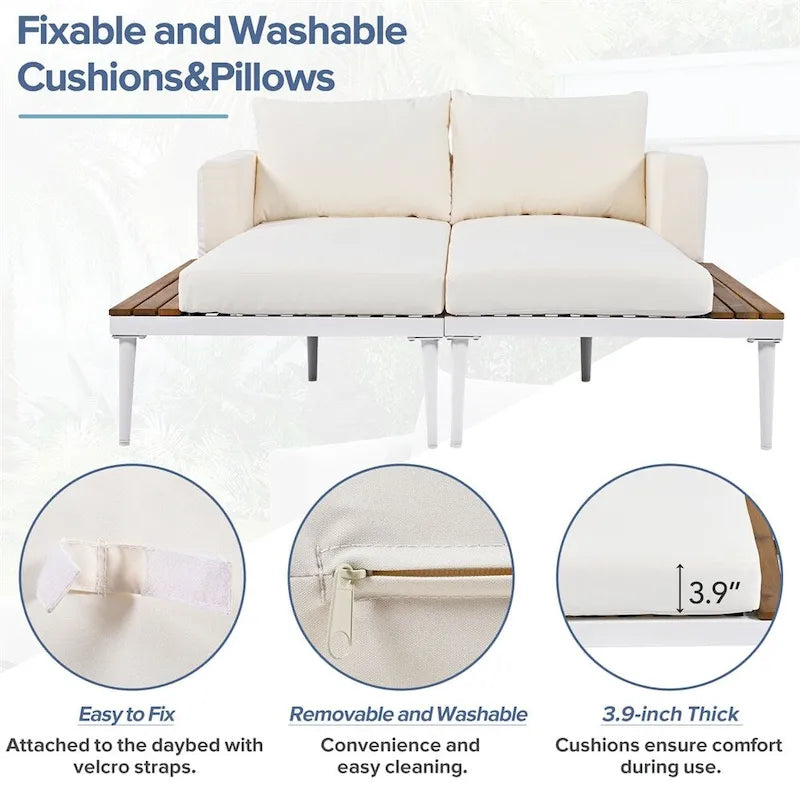 2 in 1 Modern Outdoor Metal Daybed with Wood Topped and Side Spaces