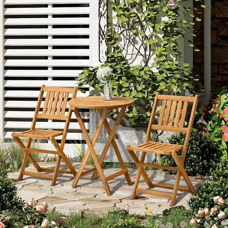 3-Piece Acacia Wood Bistro Set with 2 Folding Chairs and Coffee Table