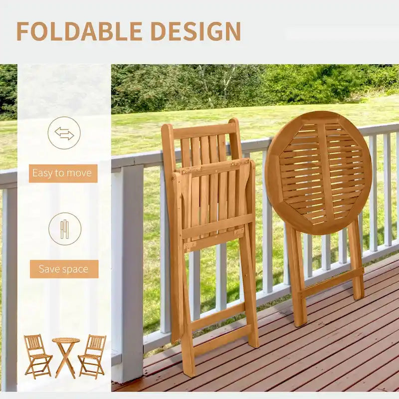 3-Piece Acacia Wood Bistro Set with 2 Folding Chairs and Coffee Table