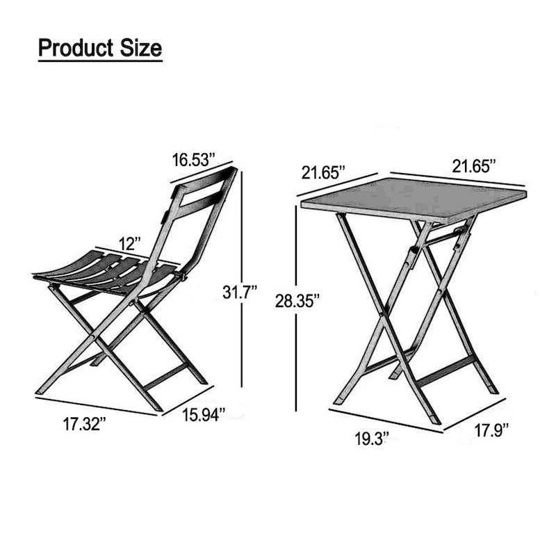 3 Piece Patio Bistro Set of Foldable Square Table and Chairs - 28.35 H x 21.65 W x 21.65 L