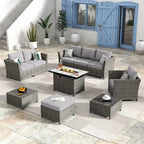 HOOOWOOO 10-piece Wicker Rattan Patio Furniture Sectional Set with Fire Pit