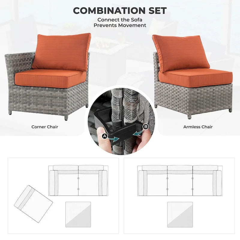 HOOOWOOO 10-piece Wicker Rattan Patio Furniture Sectional Set with Fire Pit