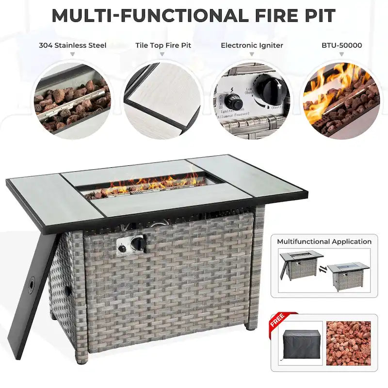 HOOOWOOO 10-piece Wicker Rattan Patio Furniture Sectional Set with Fire Pit