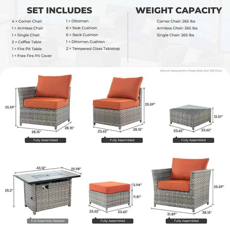 HOOOWOOO 10-piece Wicker Rattan Patio Furniture Sectional Set with Fire Pit
