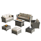 HOOOWOOO 10-piece Wicker Rattan Patio Furniture Sectional Set with Fire Pit