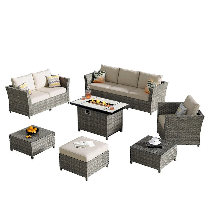 HOOOWOOO 10-piece Wicker Rattan Patio Furniture Sectional Set with Fire Pit