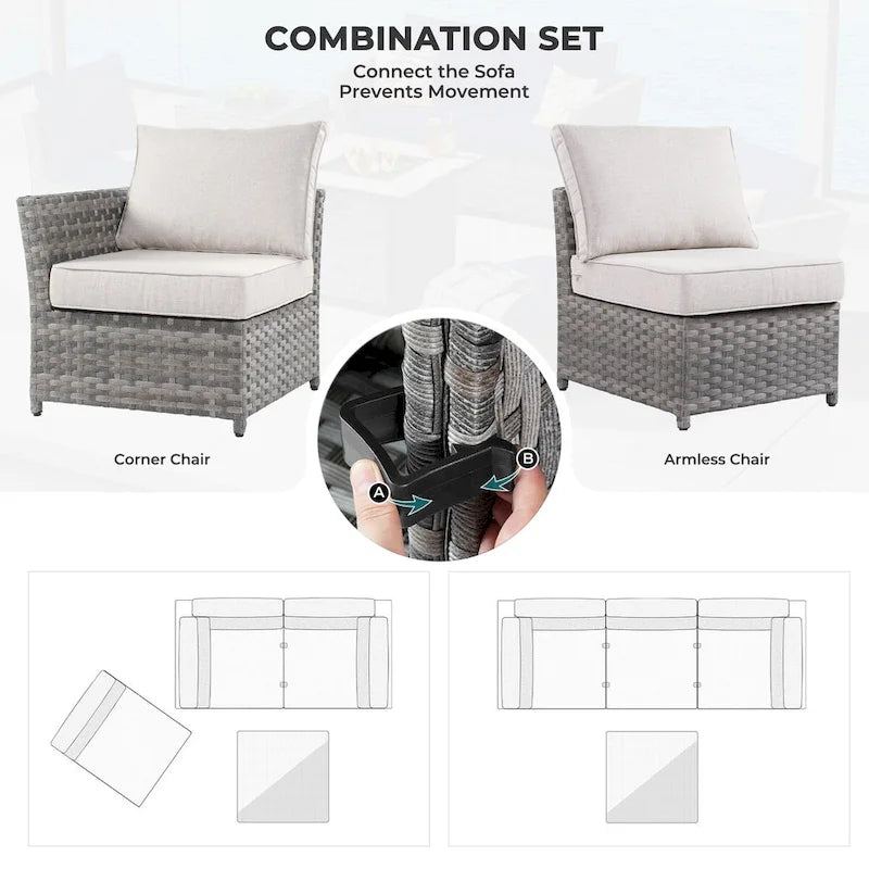 HOOOWOOO 10-piece Wicker Rattan Patio Furniture Sectional Set with Fire Pit