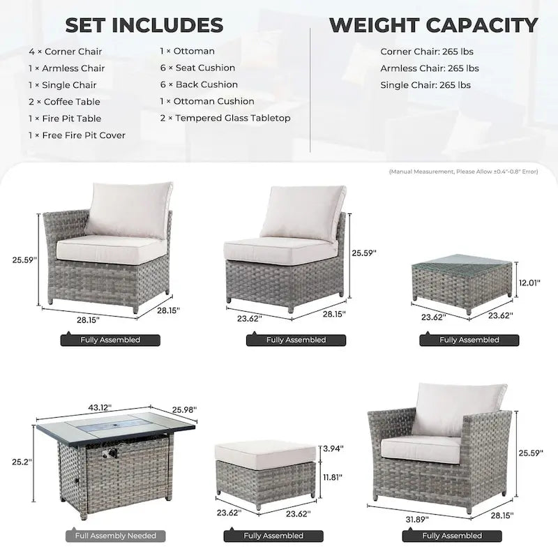 HOOOWOOO 10-piece Wicker Rattan Patio Furniture Sectional Set with Fire Pit