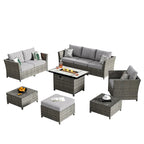 HOOOWOOO 10-piece Wicker Rattan Patio Furniture Sectional Set with Fire Pit