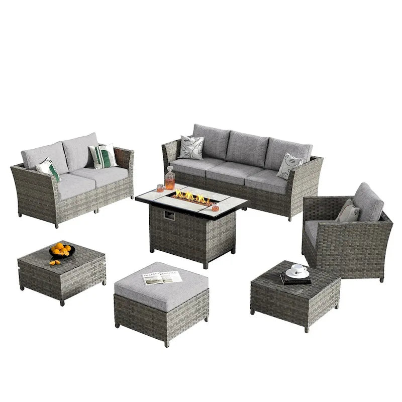 HOOOWOOO 10-piece Wicker Rattan Patio Furniture Sectional Set with Fire Pit