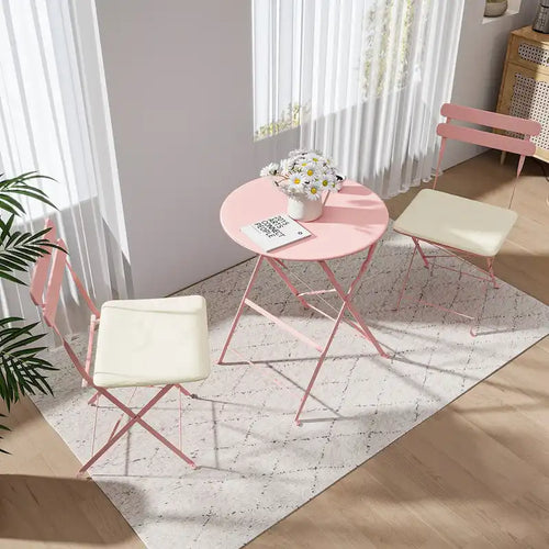 3 pieces Patio Bistro Balcony Metail Chair Table Set-Pink