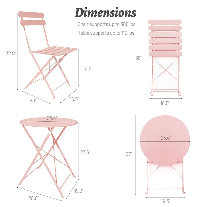 3 pieces Patio Bistro Balcony Metail Chair Table Set-Pink