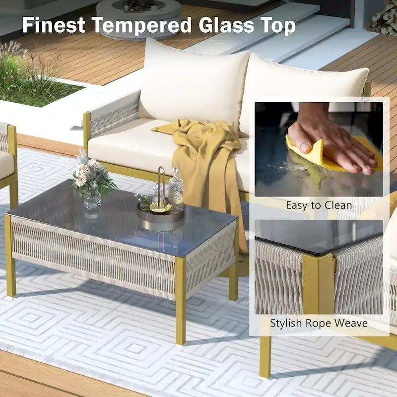4-Piece Rope Outdoor Patio Furniture Set, Patio Conversation Set - 1Loveseat&1Table&2Chairs