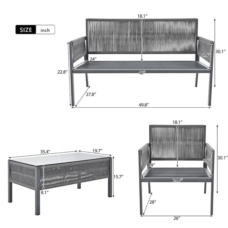 4-Piece Rope Outdoor Patio Furniture Set, Patio Conversation Set - 1Loveseat&1Table&2Chairs