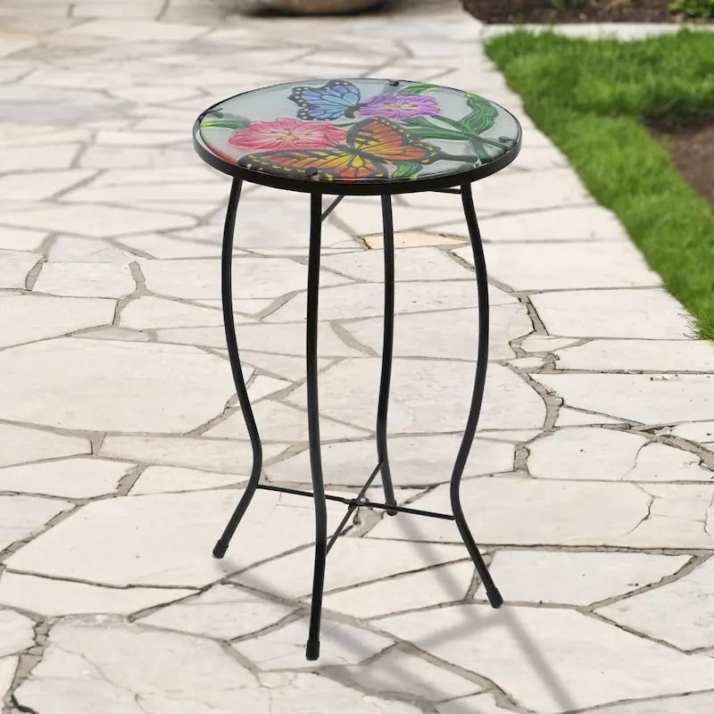19 Floral and Butterfly Glass Patio Side Table