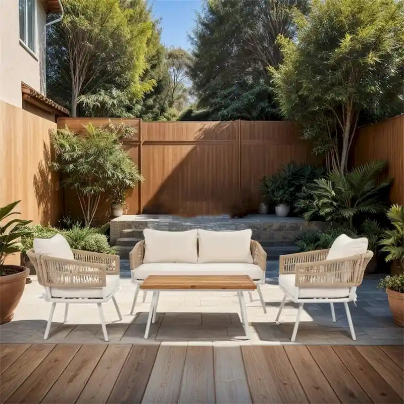 4-Piece Rope Patio Furniture Set,Outdoor Furniture w/Acacia Wood Table