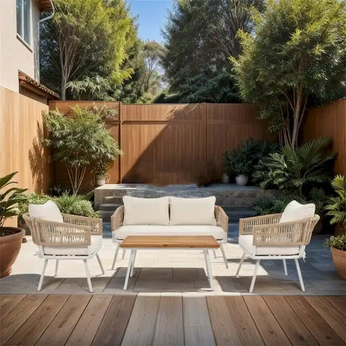 4-Piece Rope Patio Furniture Set,Outdoor Furniture w/Acacia Wood Table