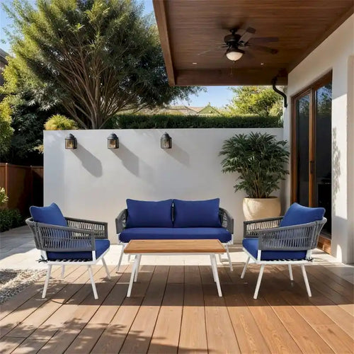 4-Piece Rope Patio Furniture Set,Outdoor Furniture w/Acacia Wood Table