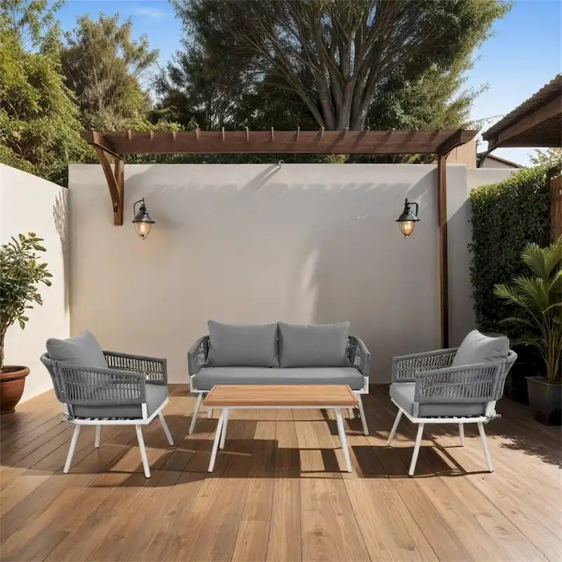4-Piece Rope Patio Furniture Set,Outdoor Furniture w/Acacia Wood Table