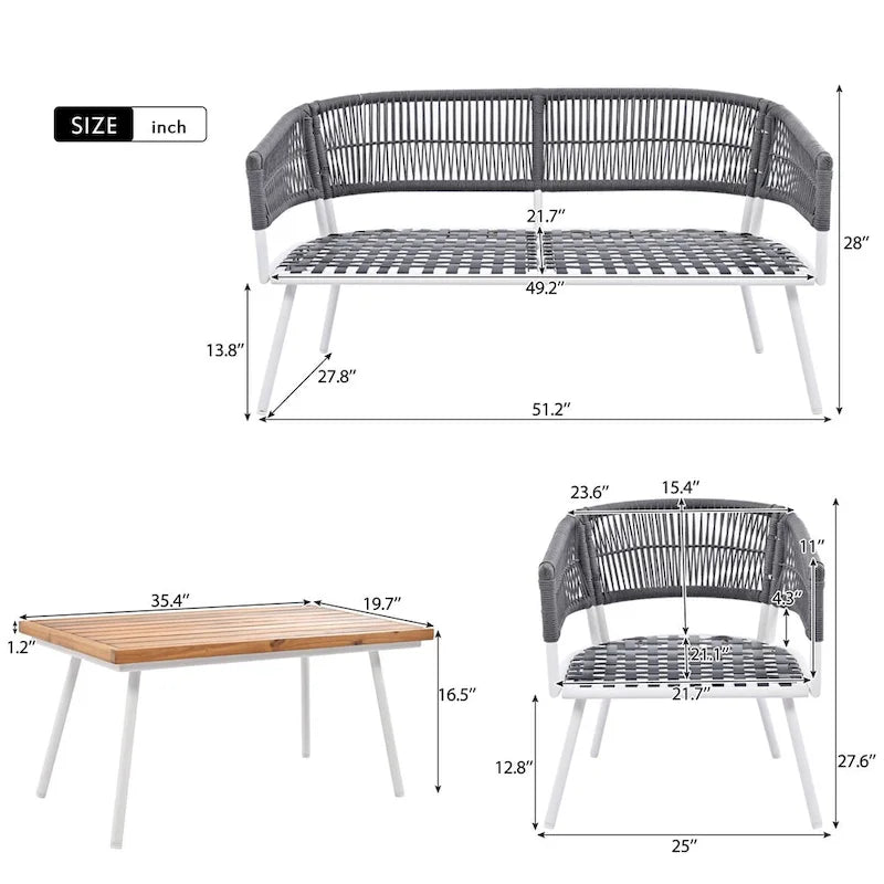 4-Piece Rope Patio Furniture Set,Outdoor Furniture w/Acacia Wood Table