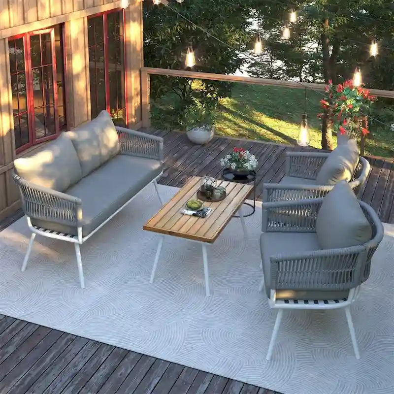4-Piece Rope Patio Furniture Set,Outdoor Furniture w/Acacia Wood Table