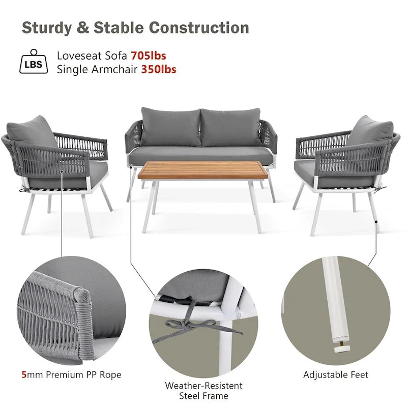 4-Piece Rope Patio Furniture Set,Outdoor Furniture w/Acacia Wood Table