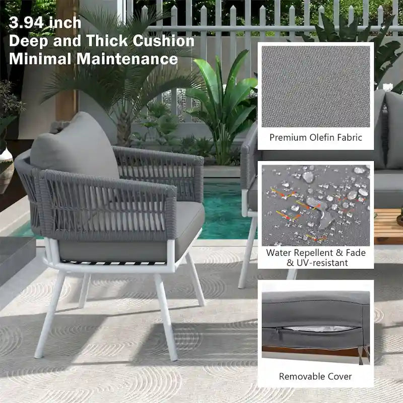 4-Piece Rope Patio Furniture Set,Outdoor Furniture w/Acacia Wood Table
