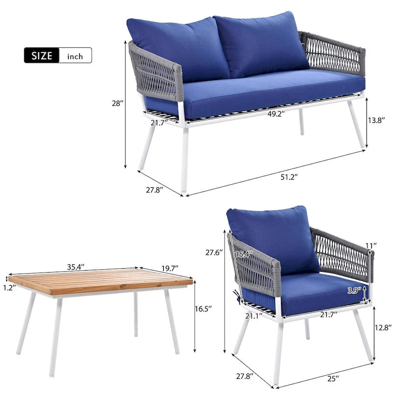 4-Piece Rope Patio Furniture Set,Outdoor Furniture w/Acacia Wood Table