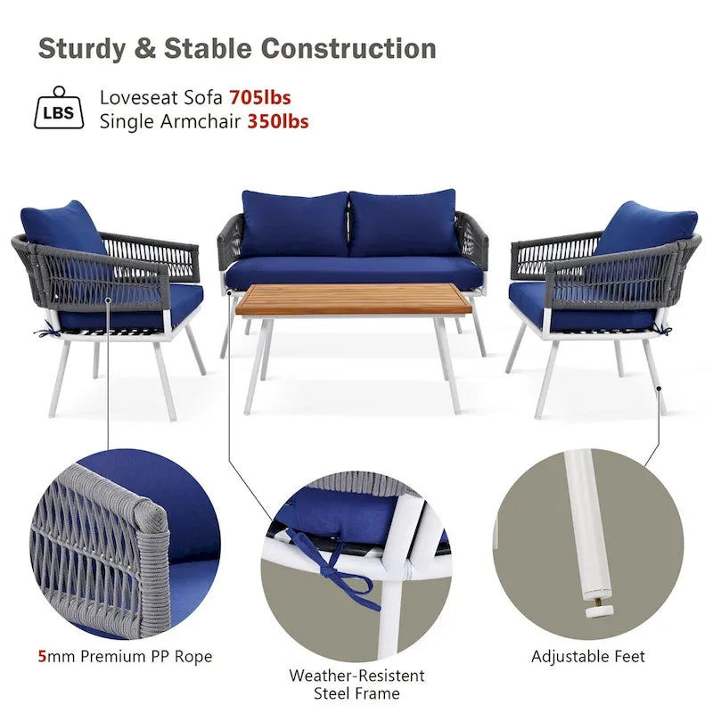 4-Piece Rope Patio Furniture Set,Outdoor Furniture w/Acacia Wood Table