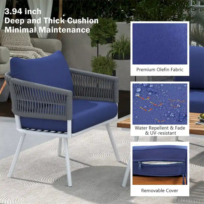 4-Piece Rope Patio Furniture Set,Outdoor Furniture w/Acacia Wood Table