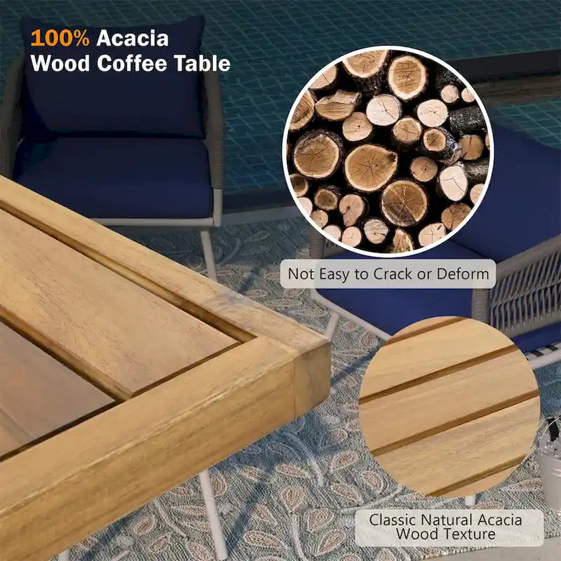 4-Piece Rope Patio Furniture Set,Outdoor Furniture w/Acacia Wood Table
