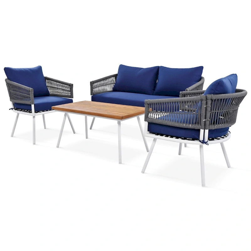 4-Piece Rope Patio Furniture Set,Outdoor Furniture w/Acacia Wood Table