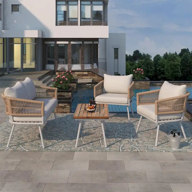 4-Piece Rope Patio Furniture Set,Outdoor Furniture w/Acacia Wood Table