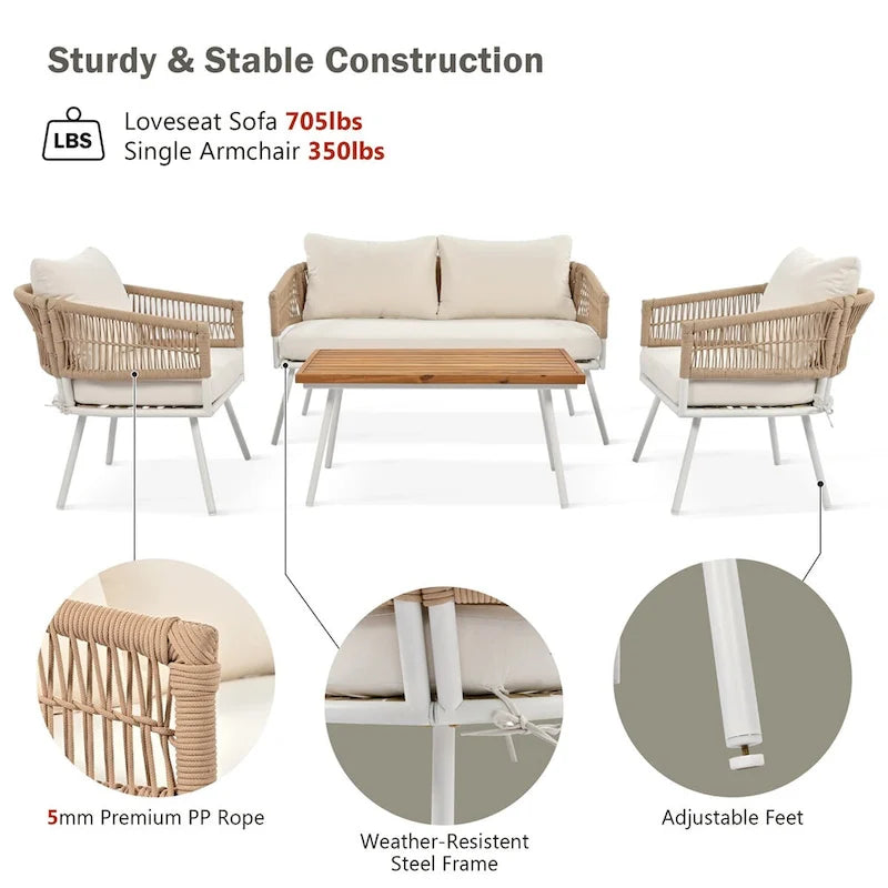 4-Piece Rope Patio Furniture Set,Outdoor Furniture w/Acacia Wood Table