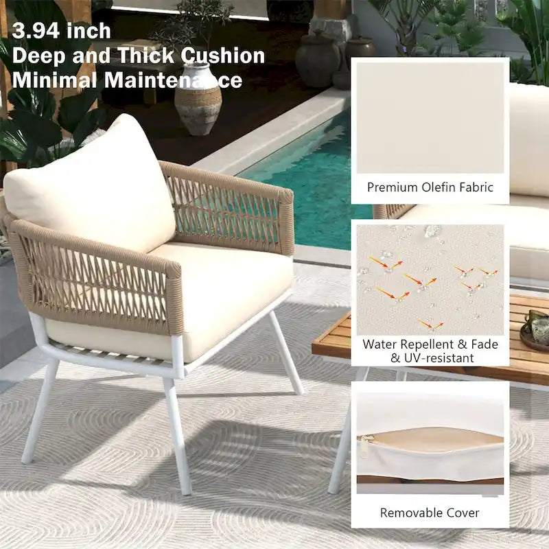 4-Piece Rope Patio Furniture Set,Outdoor Furniture w/Acacia Wood Table