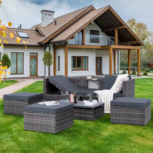 5-Piece PE Wicker Patio Furniture Set: Adjustable Sofa & Coffee Table